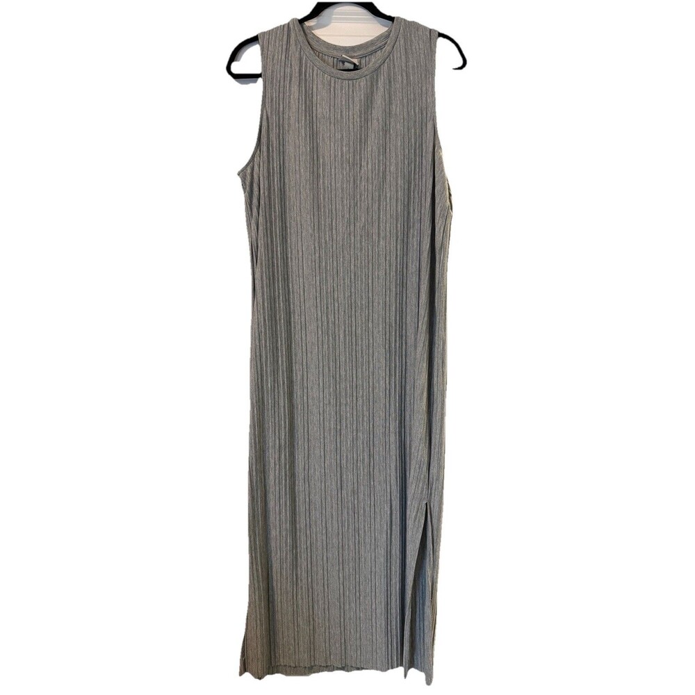 Gray Ribbed Sleeveless Maxi Dress Side Slit Tank Long Stretch Large 90s Lounge